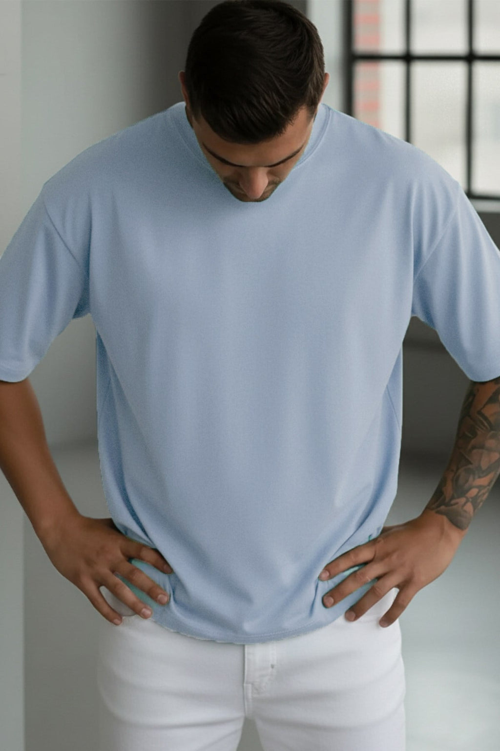 1 Adet Erkek Açık Bebe Mavi Basic Düz Baskısız Oversize Salas Loose Fit T-shirt