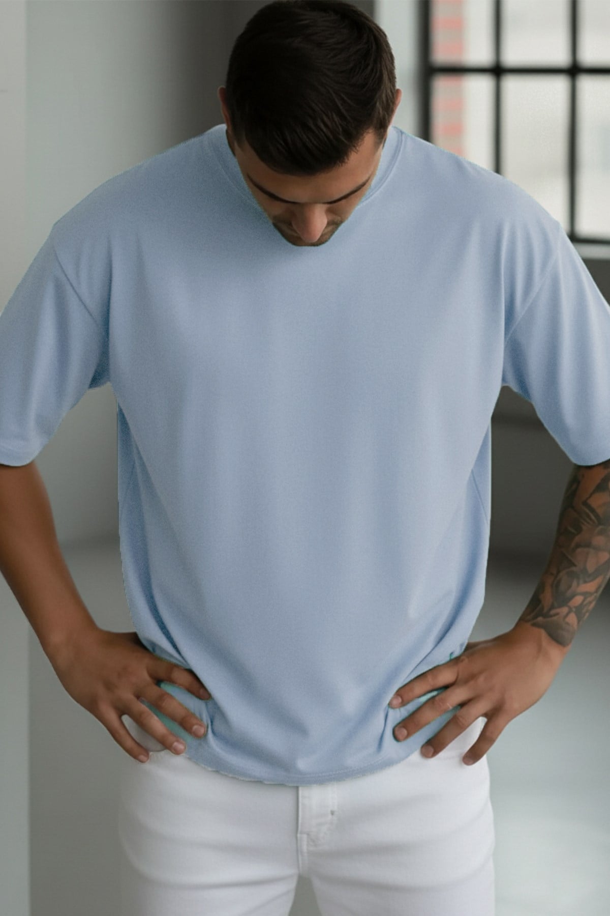 1 Adet Erkek Açık Bebe Mavi Basic Düz Baskısız Oversize Salas Loose Fit T-shirt