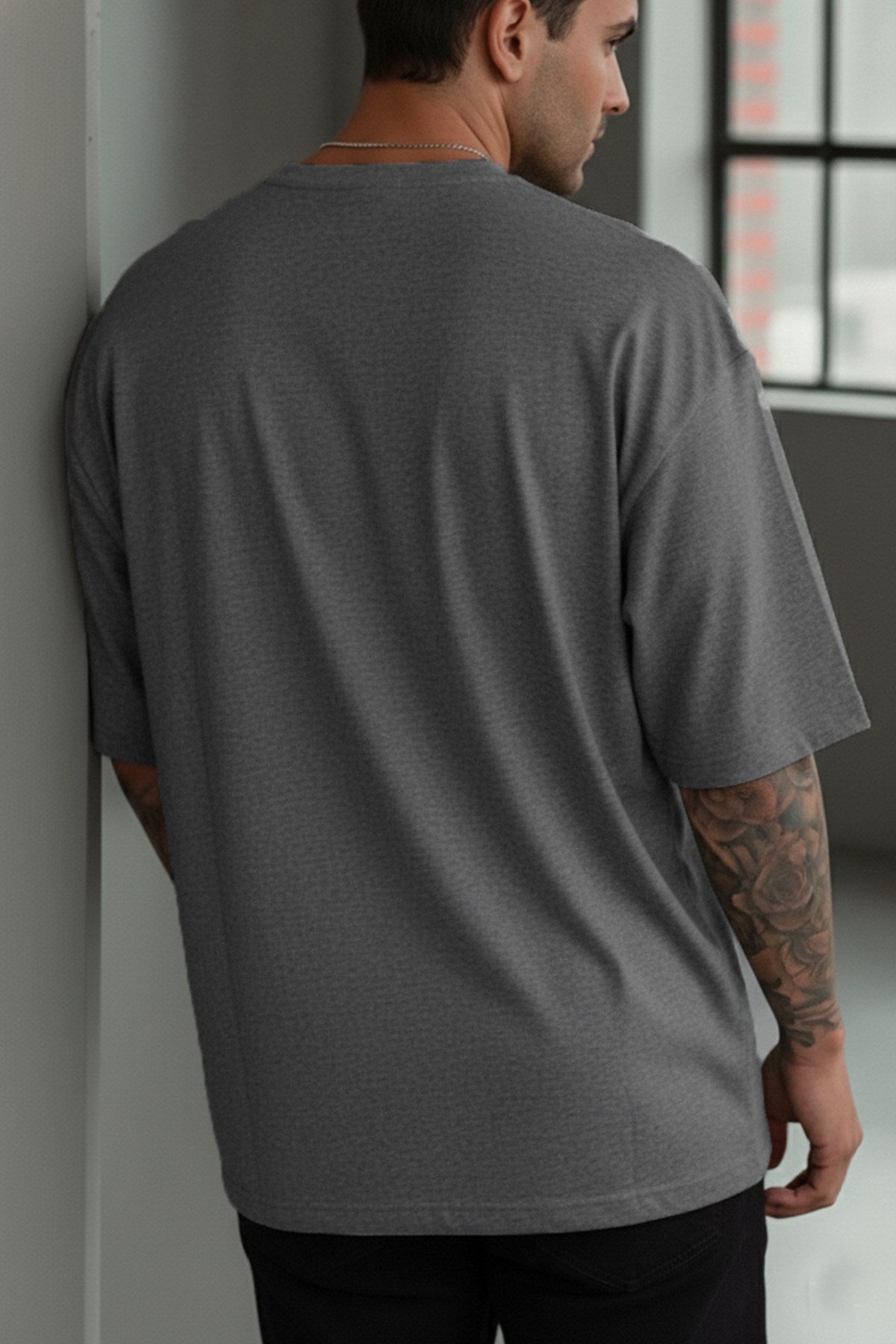 1 Adet Erkek Antrasit Melanj Basic Düz Baskısız Oversize Salas Loose Fit T-shirt