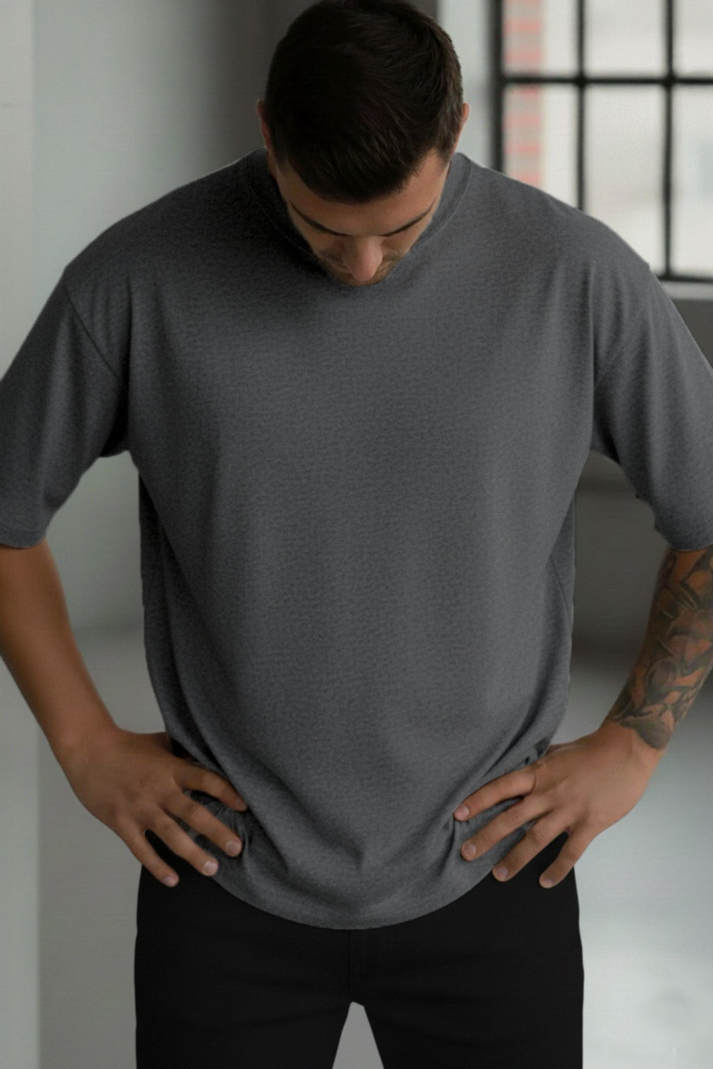 1 Adet Erkek Antrasit Melanj Basic Düz Baskısız Oversize Salas Loose Fit T-shirt