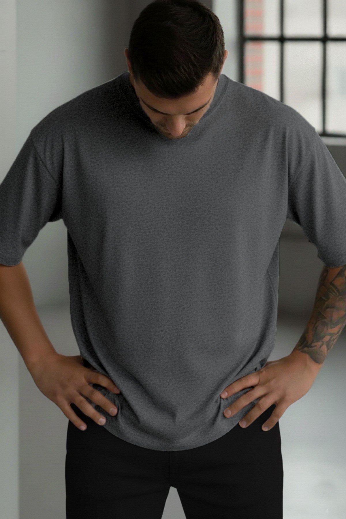 1 Adet Erkek Antrasit Melanj Basic Düz Baskısız Oversize Salas Loose Fit T-shirt