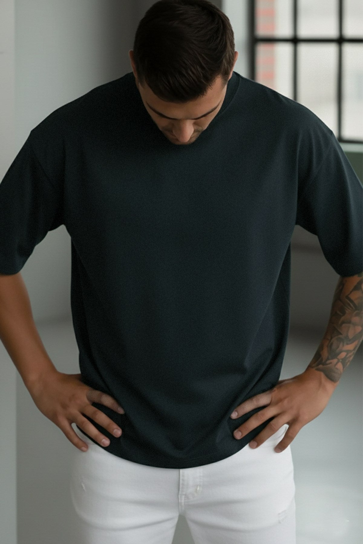 1 Adet Erkek Koyu Petrol Yeşil Basic Düz Baskısız Oversize Salas Loose Fit T-shirt