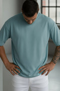 1 Adet Erkek Turkuaz Basic Düz Baskısız Oversize Salas Loose Fit T-shirt