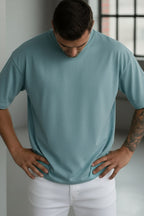 1 Adet Erkek Turkuaz Basic Düz Baskısız Oversize Salas Loose Fit T-shirt