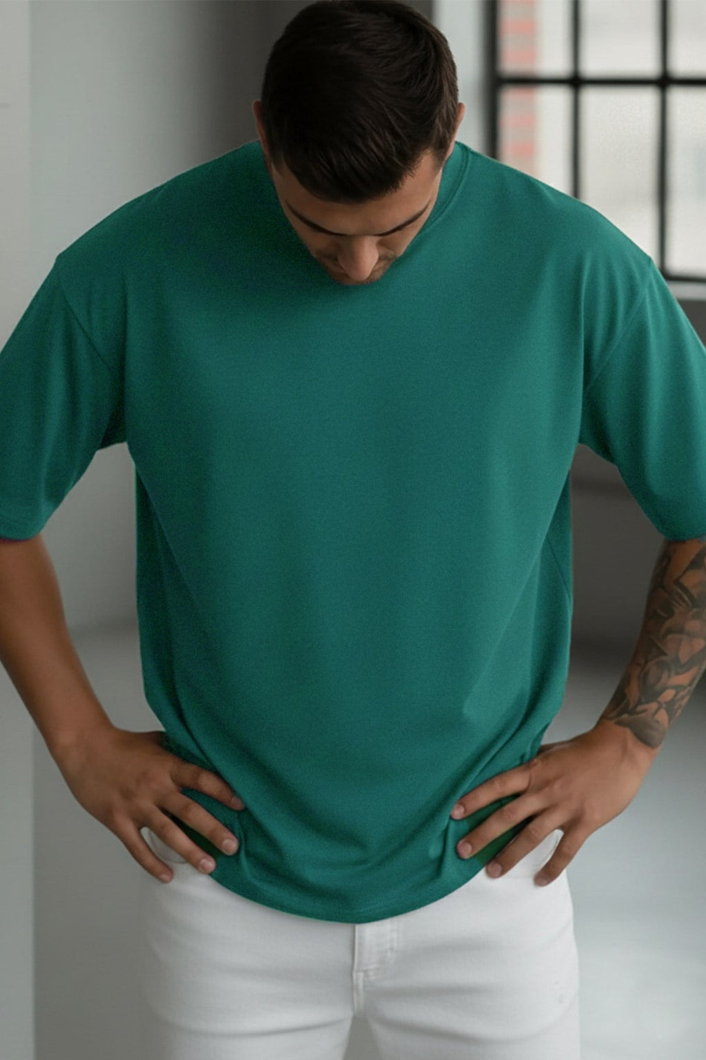 1 Adet Erkek Zümrüt Yeşil Basic Düz Baskısız Oversize Salas Loose Fit T-shirt