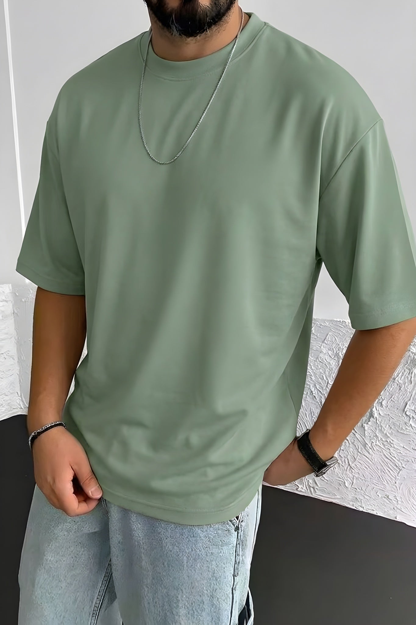 Erkek Açık Yeşil Basic Düz Baskısız Oversize Salas Boyfriend T-Shirt