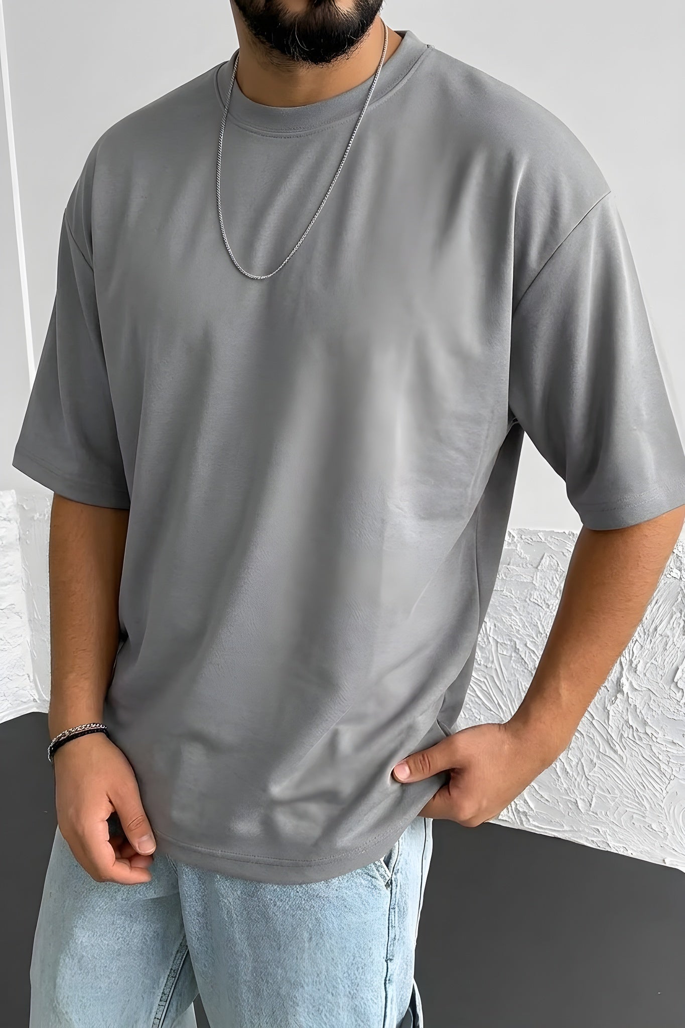 Erkek Gri Basic Düz Baskısız Oversize Salas Boyfriend T-Shirt