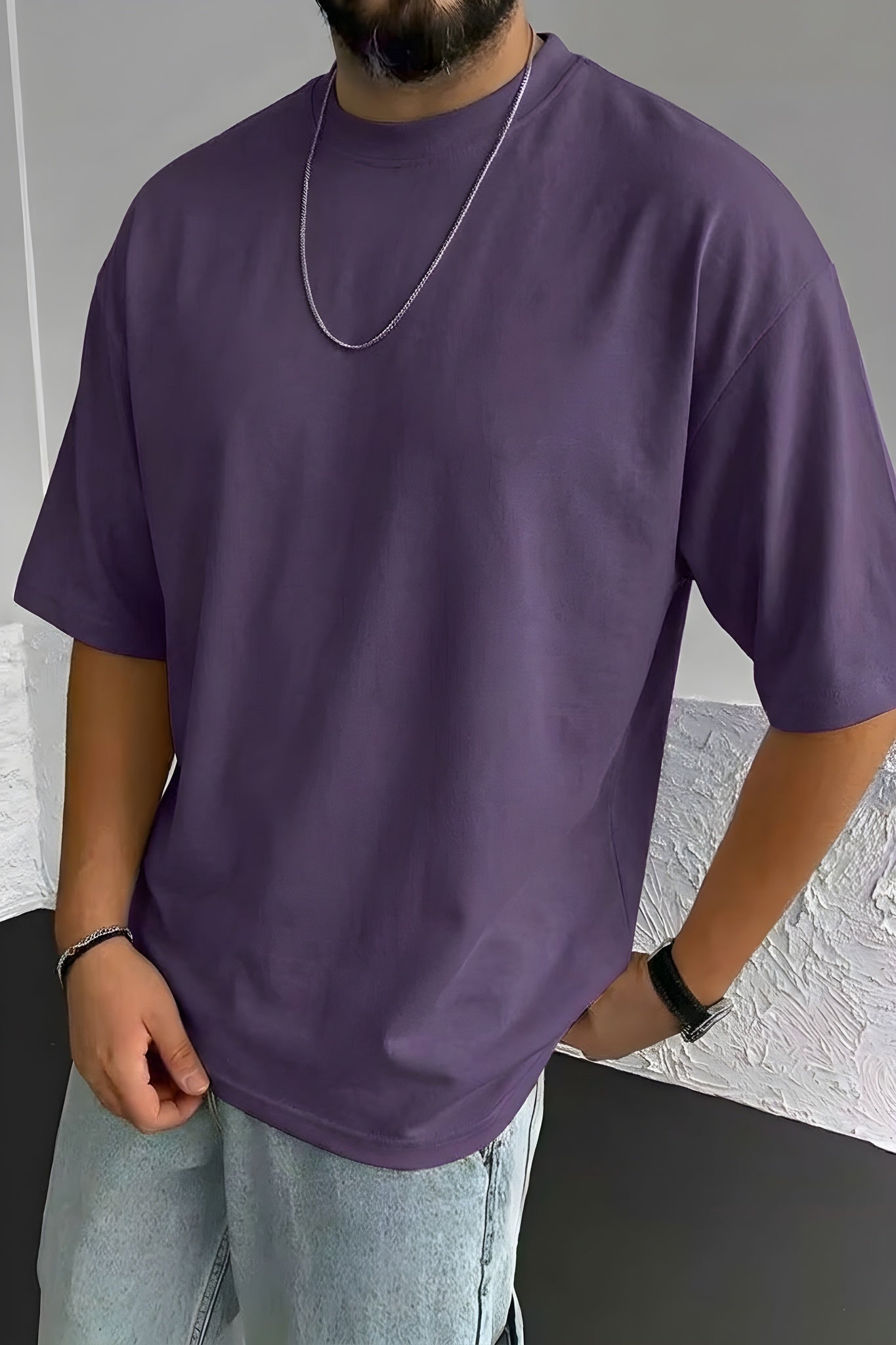 Erkek Mor Basic Düz Baskısız Oversize Salas Boyfriend T-Shirt