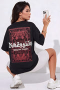 Kadın Dimension Baskılı Siyah Bisiklet Yaka Oversize Salaş T-Shirt