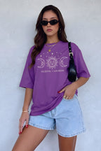 Kadın Mor Oversize Celestial Sun Moon Baskılı T-Shirt - K2113