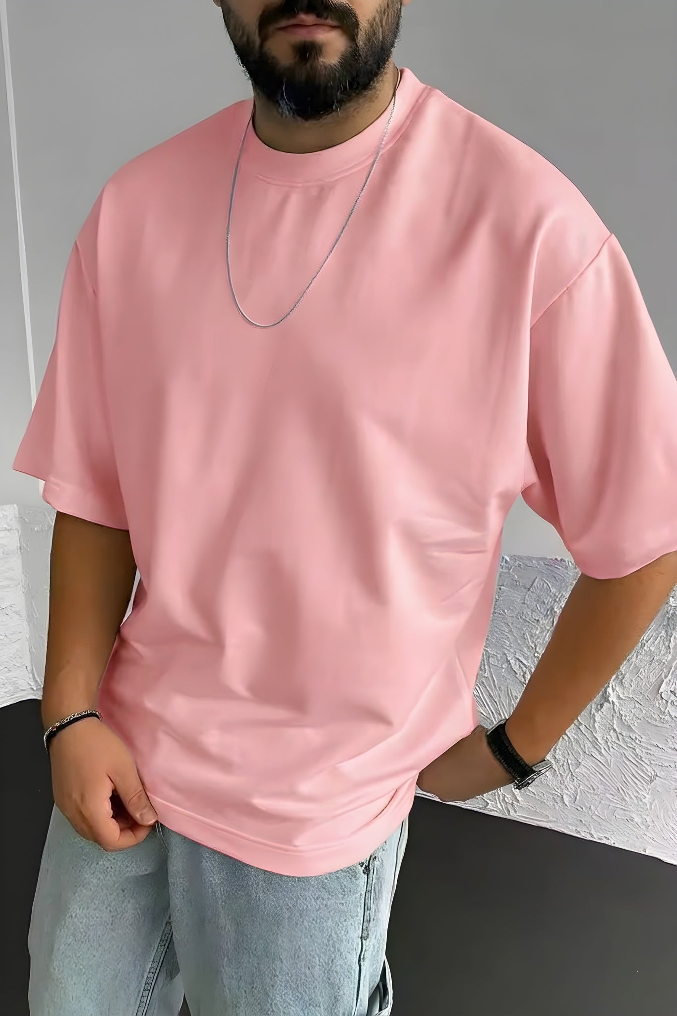 Erkek Somon Basic Düz Baskısız Oversize Salas T-Shirt