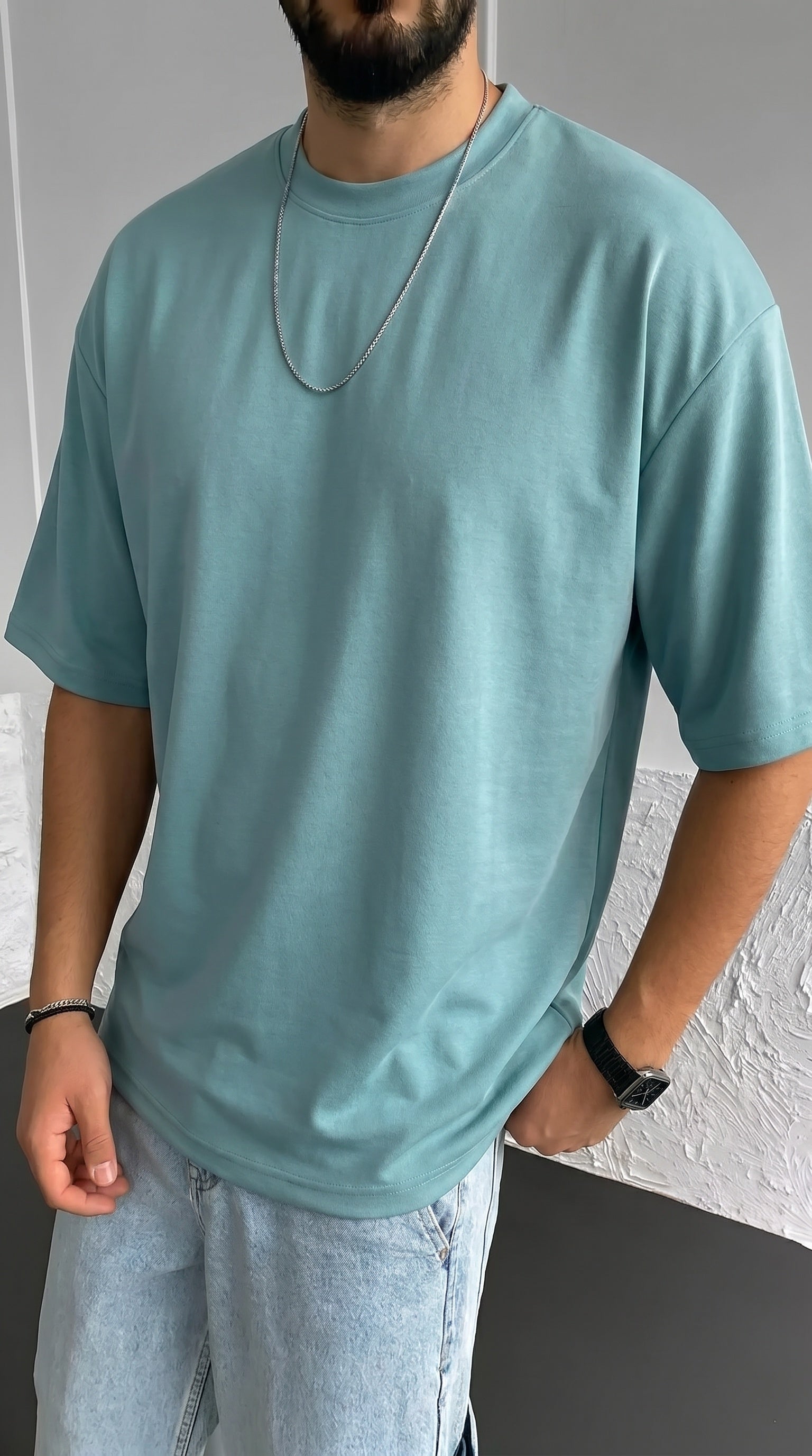 1 Adet Erkek Turkuaz Basic Düz Baskısız Oversize Salas Loose Fit T-shirt