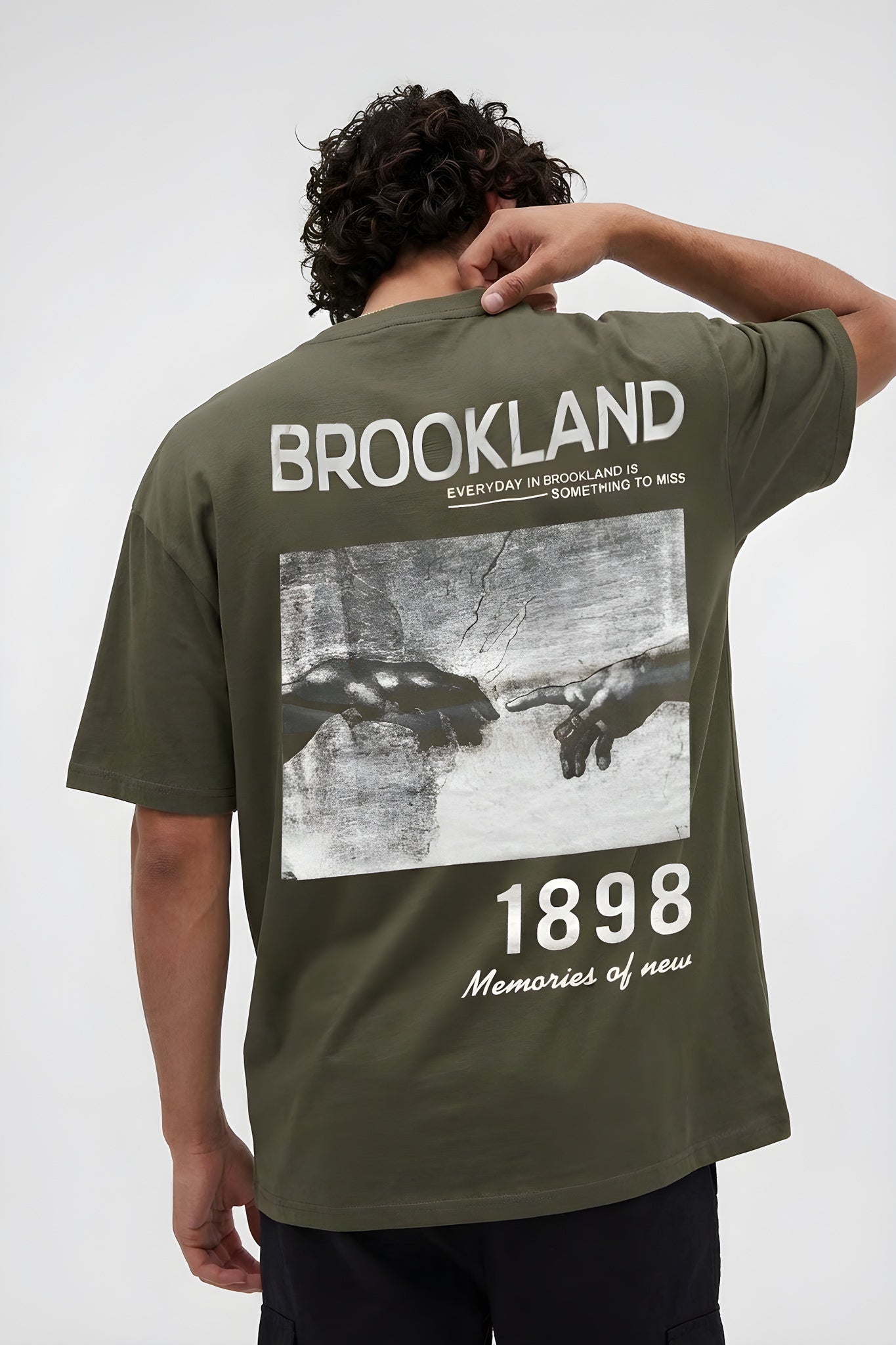 Erkek 1898 Baskılı Haki Oversize Salas T-Shirt