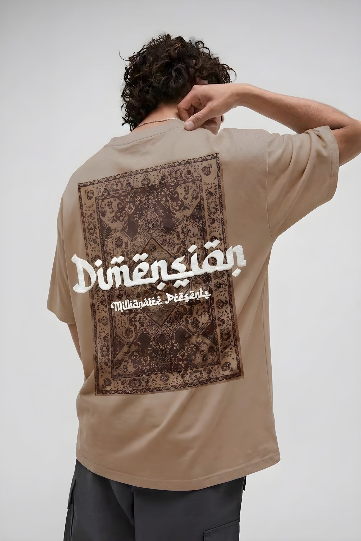 Erkek Dimension Baskılı Camel Bisiklet Yaka Oversize Salaş T-Shirt