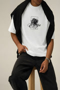 Erkek Ekru Beyaz Black Rose Oversize Fit Bol Geniş Kalıp Salaş Kesim T-shirt