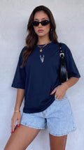 Kadın Lacivert Geyik Oversize Salas Boyfriend T-shirt