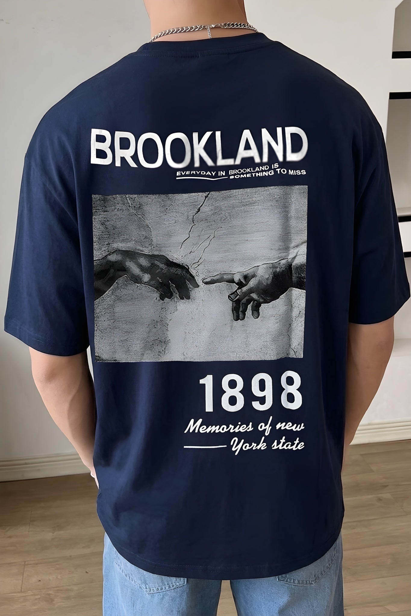 Erkek 1898 Baskılı Lacivert Oversize Salas T-Shirt