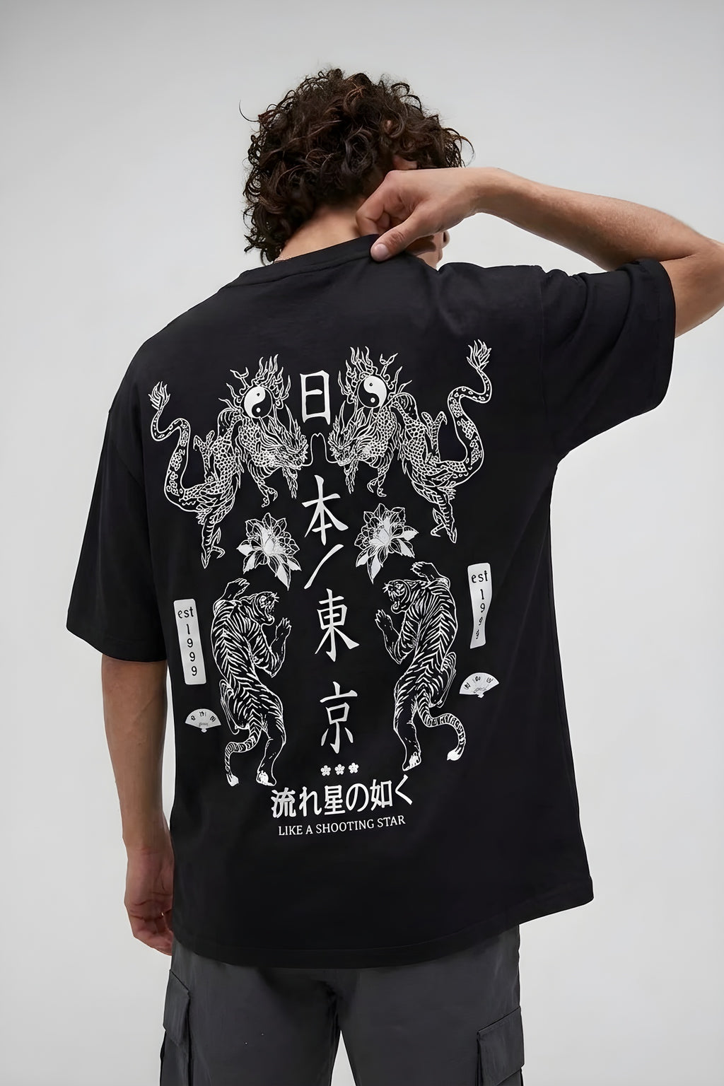 Erkek Dragon Baskılı Siyah Bisiklet Yaka Oversize Salaş T-Shirt