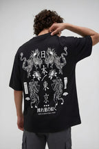 Erkek Dragon Baskılı Siyah Bisiklet Yaka Oversize Salaş T-Shirt
