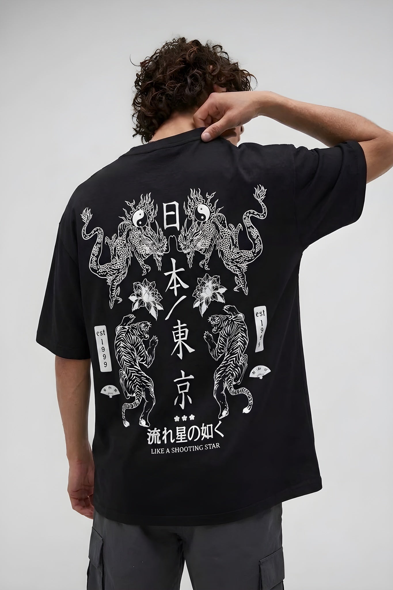 Erkek Dragon Baskılı Siyah Bisiklet Yaka Oversize Salaş T-Shirt