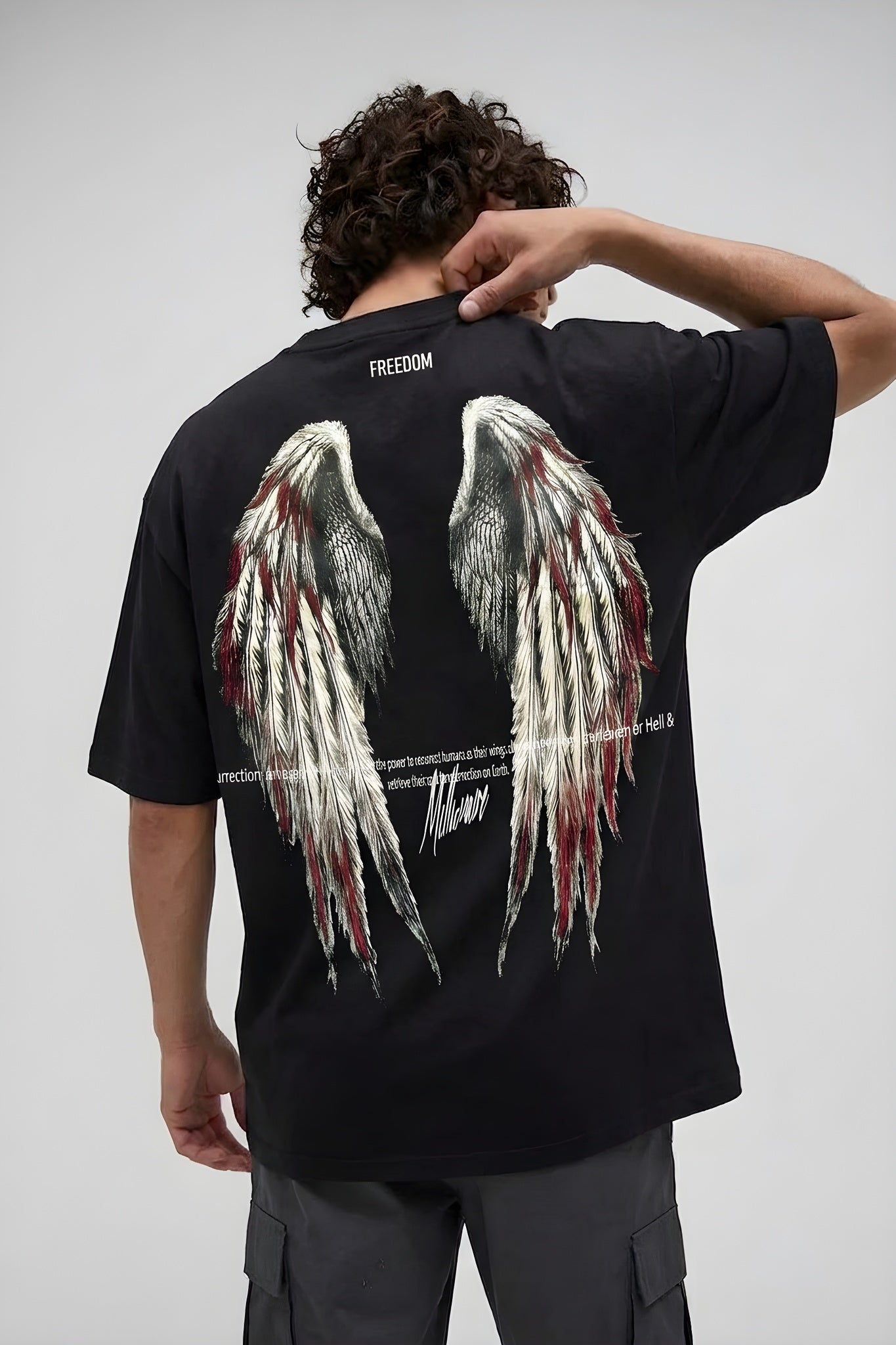 Erkek Freedom Kanat Baskılı Siyah Oversize Salaş T-Shirt