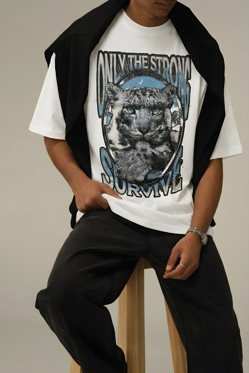 Erkek Ekru Beyaz Survive Oversize Fit Bol Geniş Kalıp Salaş Kesim T-shirt