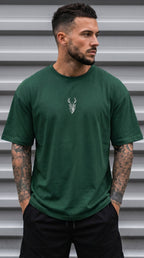 Erkek Nefti Yeşil Geyik Baskılı Oversize Fit Bol Geniş Kalıp Salaş Kesim T-shirt