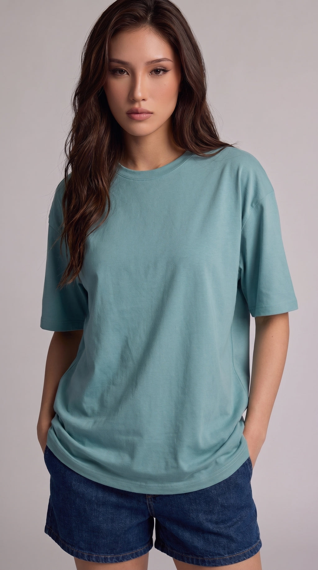 Kadın Turkuaz Basic Düz Baskısız Oversize Salas T-shirt