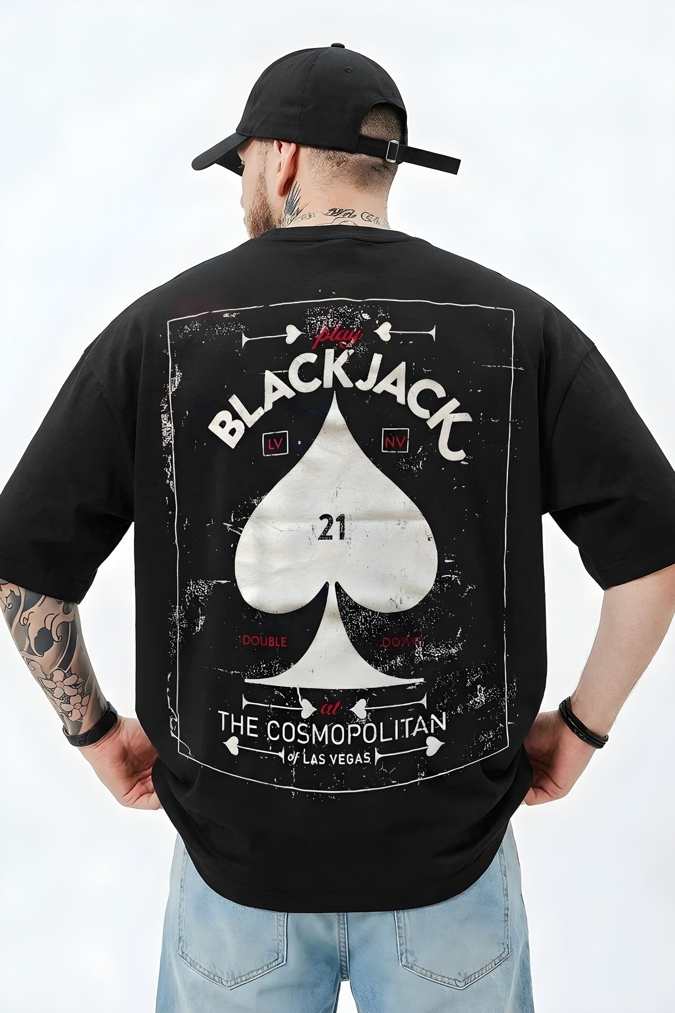 Erkek Siyah Black Jack Oversize Fit Bol Geniş Kalıp Salaş Kesim T-shirt