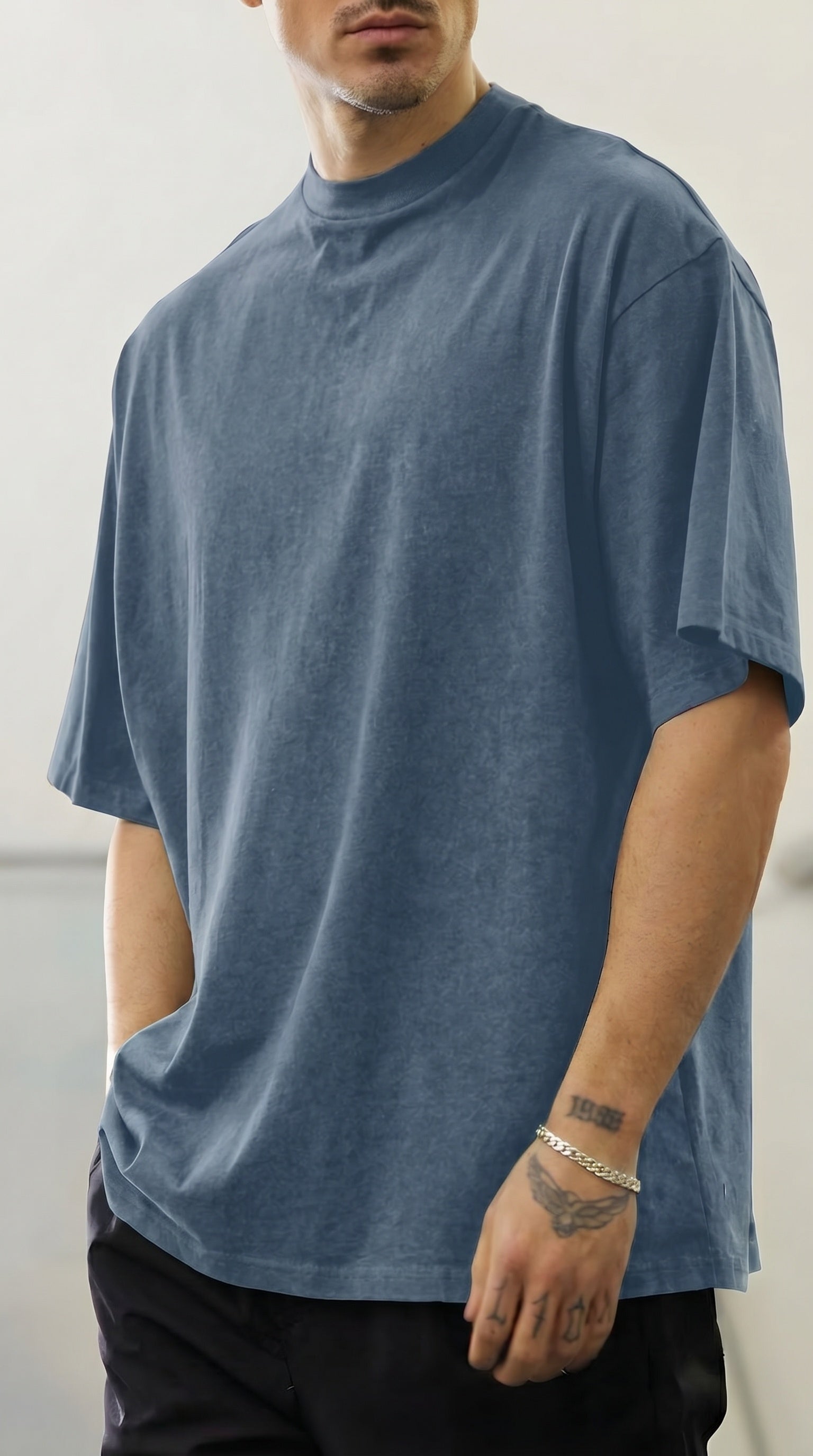 Erkek Mavi Oversize Asit Yıkamalı Eskitme Efektli Boyalı T-Shirt