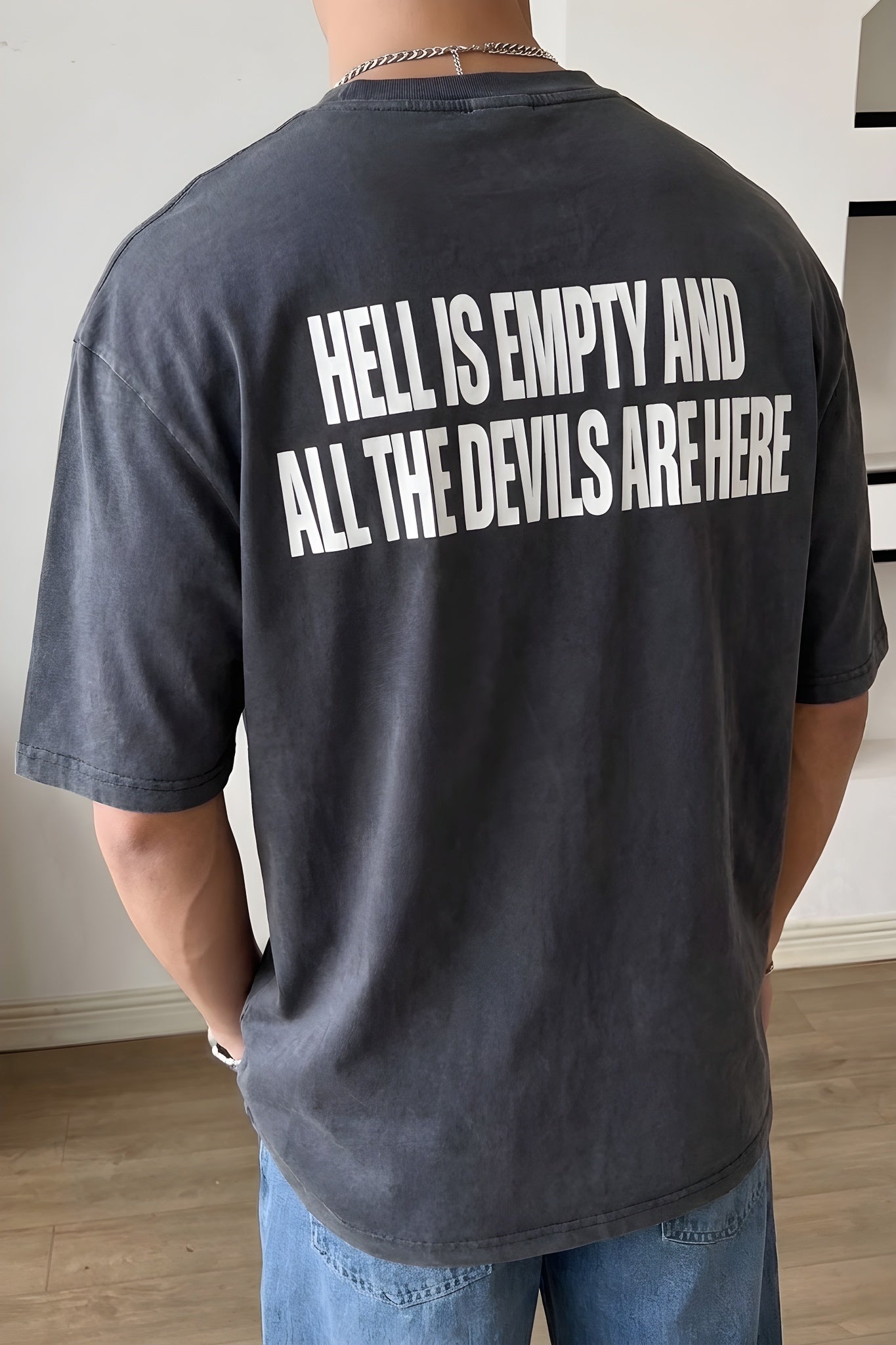 Erkek Hell & Devil Kabaran Baskı Füme Bisiklet Yaka Oversize Salas T-Shirt