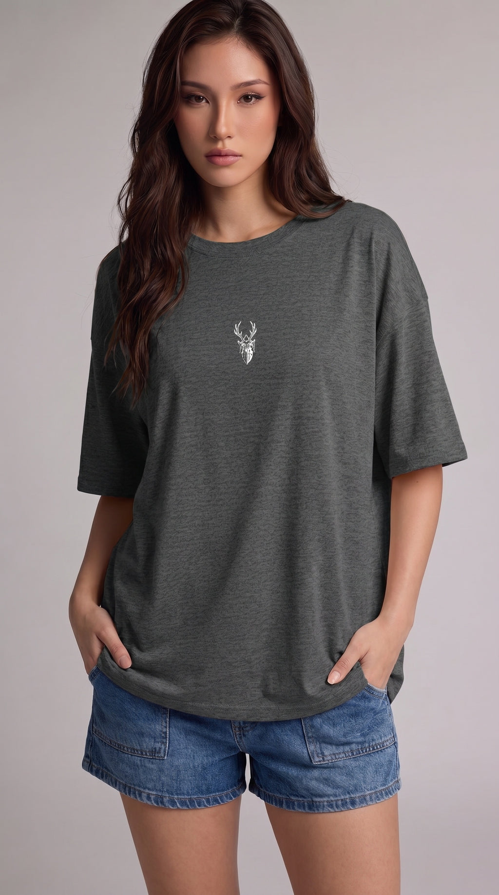 Kadın Antrasit Melanj Geyik Oversize Salas Boyfriend T-shirt