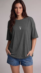 Kadın Antrasit Melanj Geyik Oversize Salas Boyfriend T-shirt