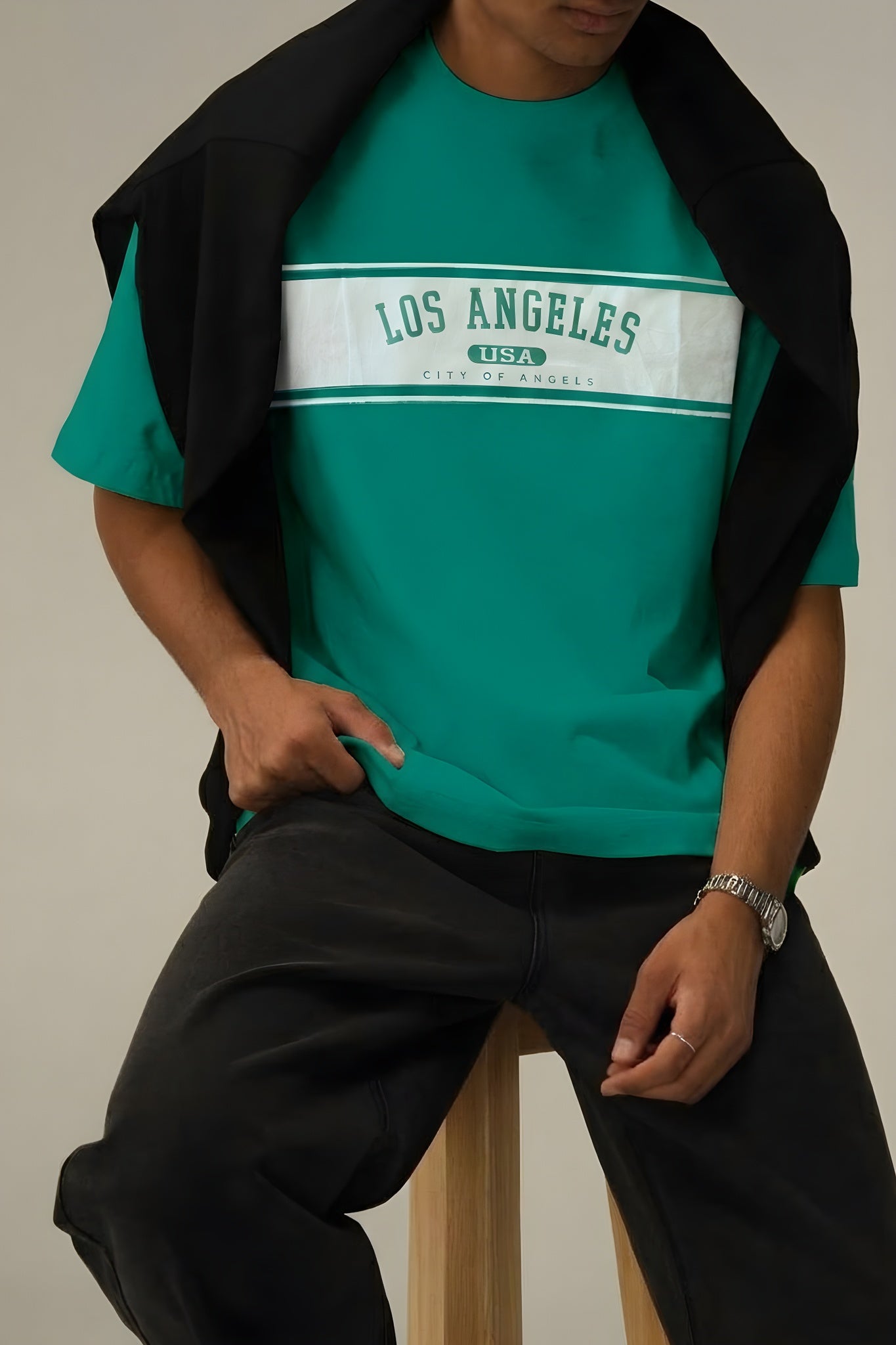 Erkek Bntn Yeşil City Of Angels Oversize Fit Bol Geniş Kalıp Salaş Kesim T-shirt