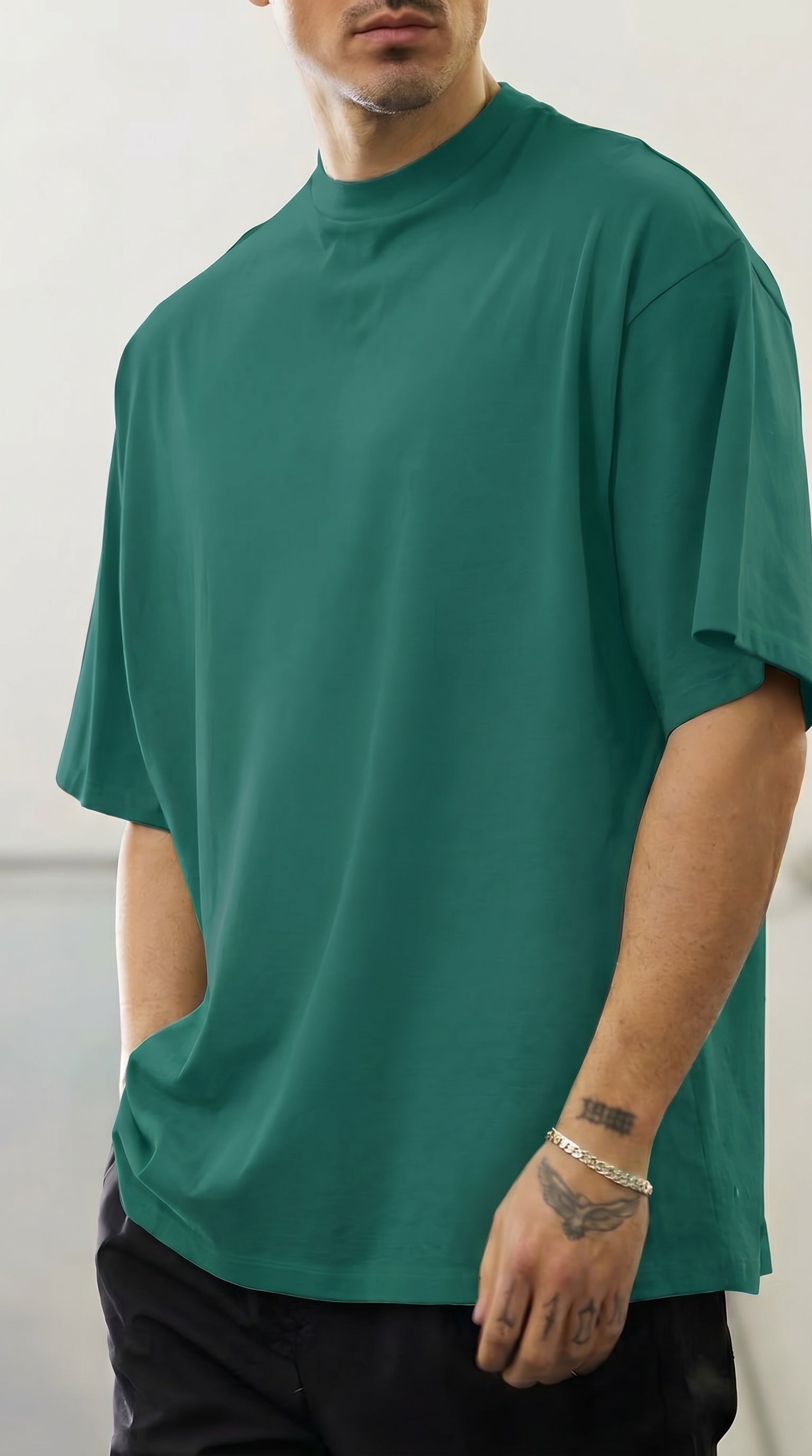 1 Adet Erkek Zümrüt Yeşil Basic Düz Baskısız Oversize Salas Loose Fit T-shirt