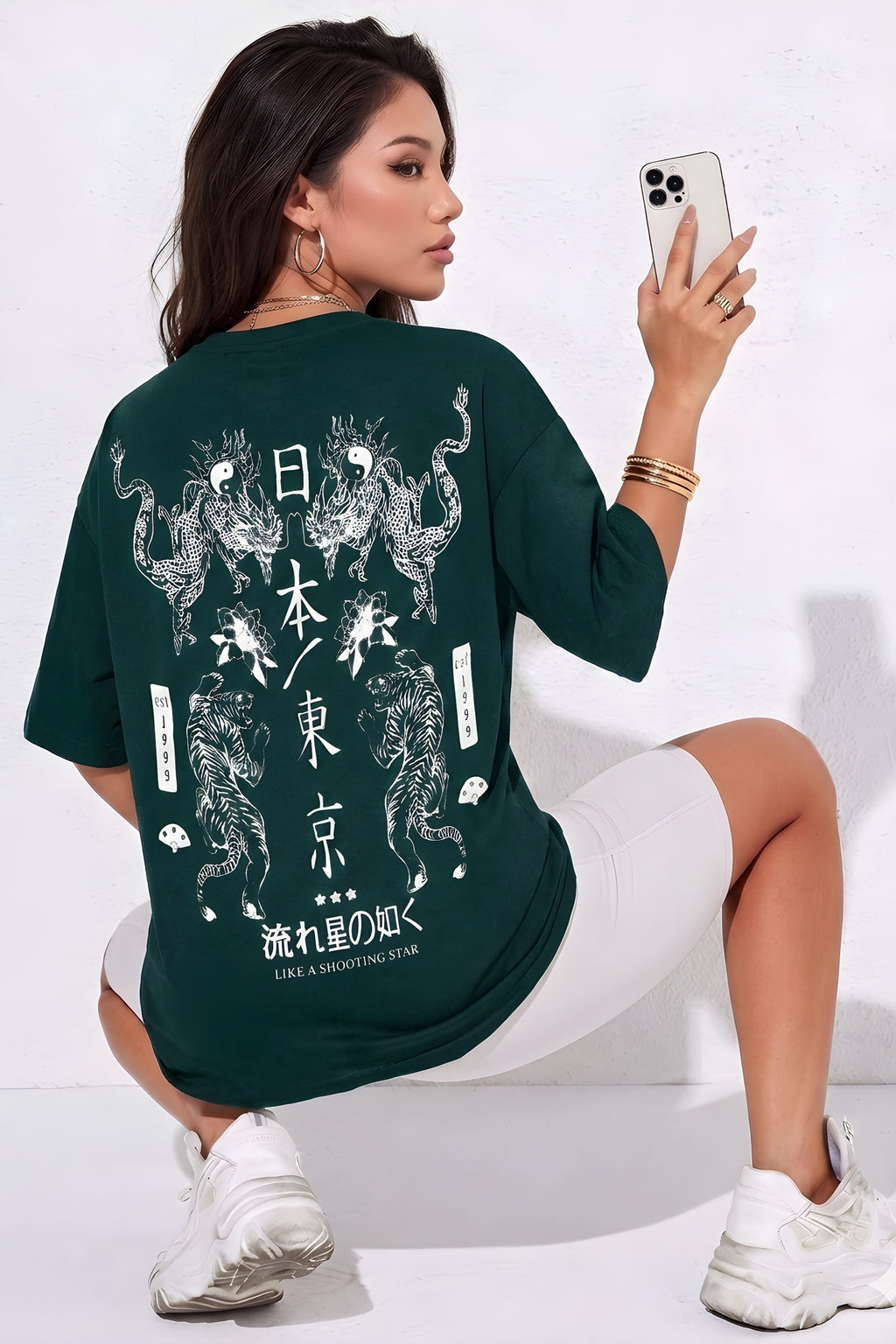 Kadın Dragon Baskılı Petrol Yeşili Bisiklet Yaka Oversize Salaş T-Shirt