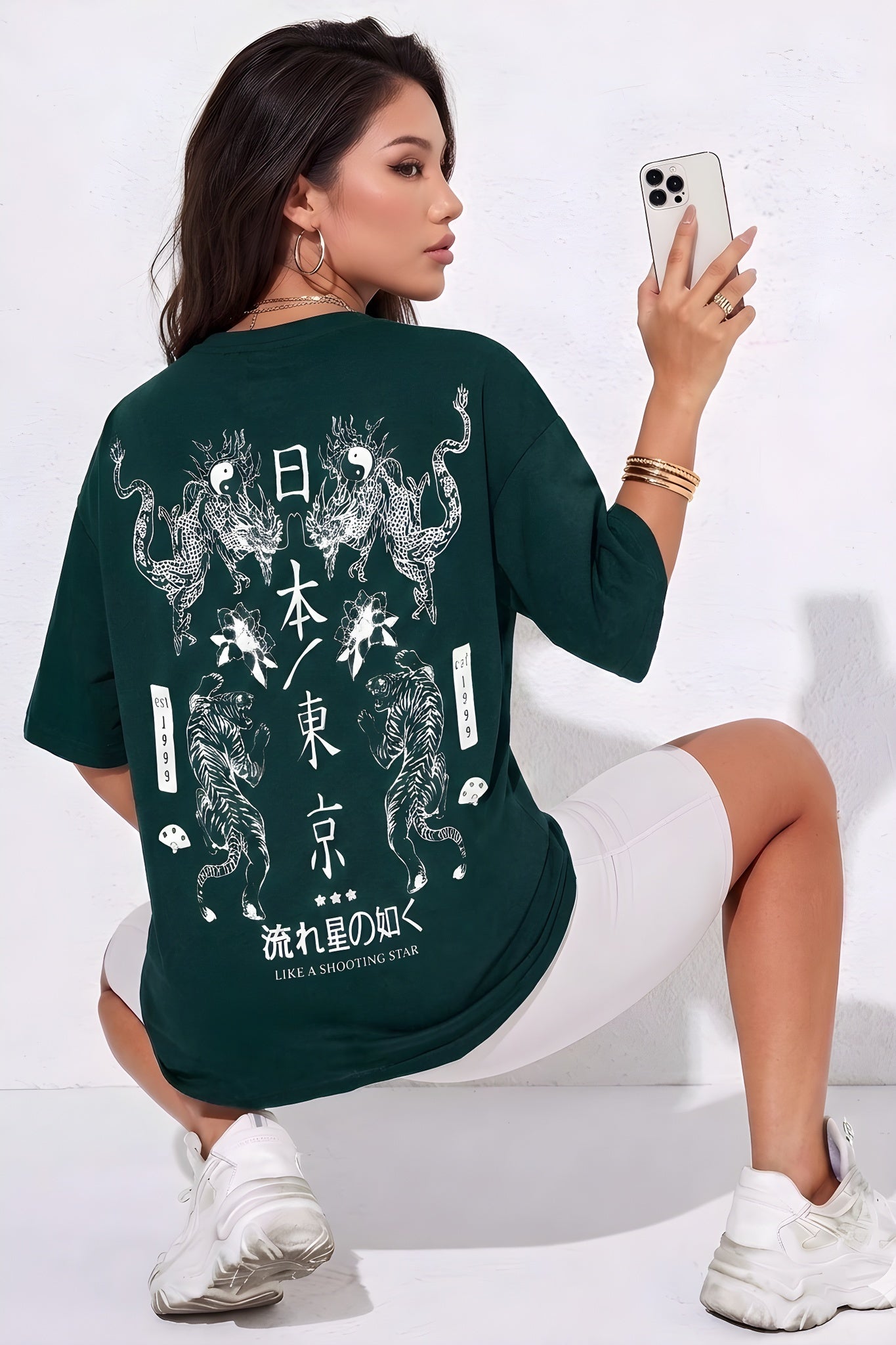 Kadın Dragon Baskılı Petrol Yeşili Bisiklet Yaka Oversize Salaş T-Shirt