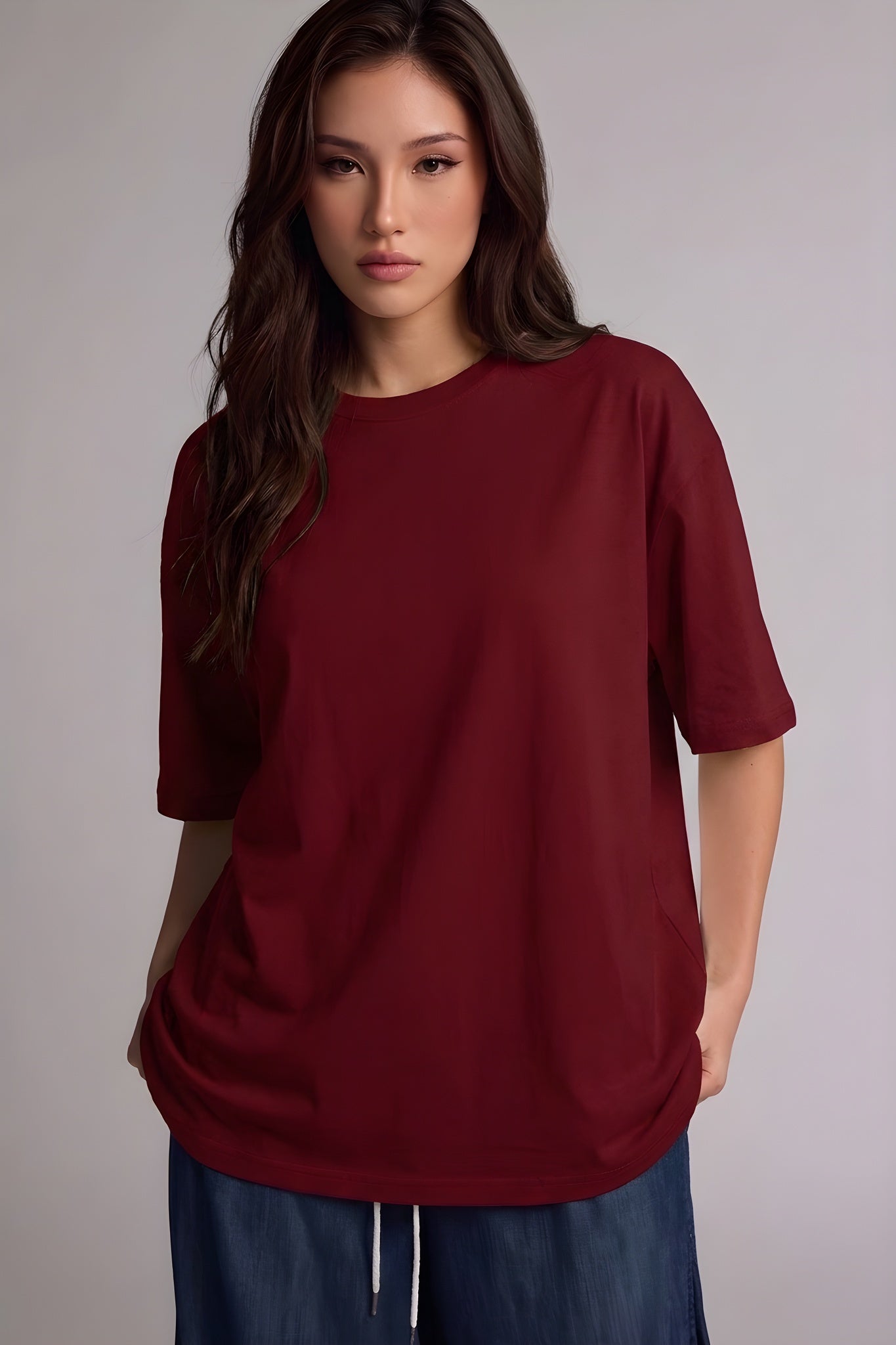 Kadın Bordo Basic Düz Baskısız Oversize Salas T-Shirt