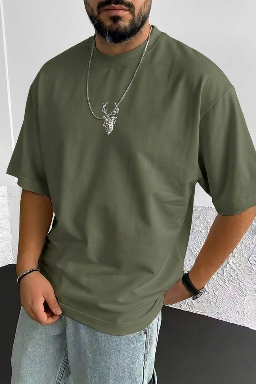 Erkek Haki Geyik Baskılı Oversize Fit Bol Geniş Kalıp Salaş Kesim T-shirt