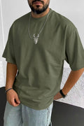 Erkek Haki Geyik Baskılı Oversize Fit Bol Geniş Kalıp Salaş Kesim T-shirt