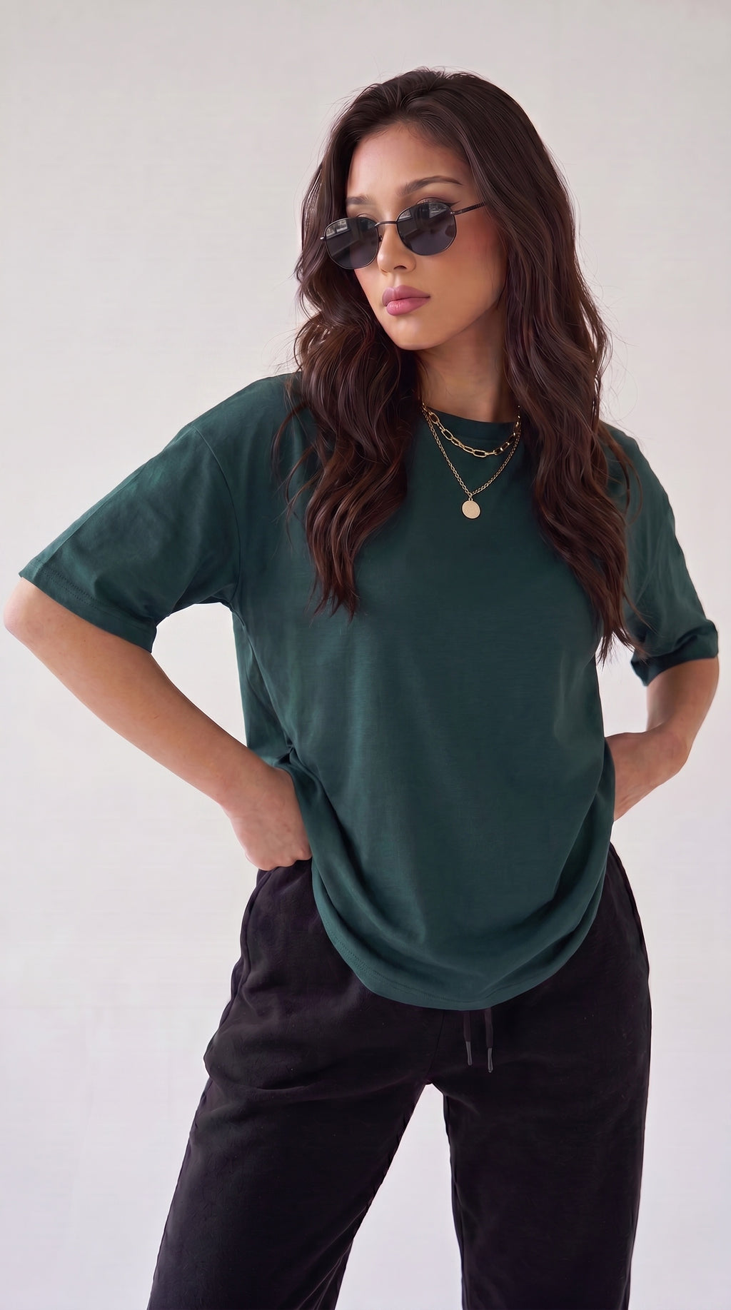 Kadın Koyu Petrol Yeşili Basic Düz Baskısız Oversize Salas T-shirt
