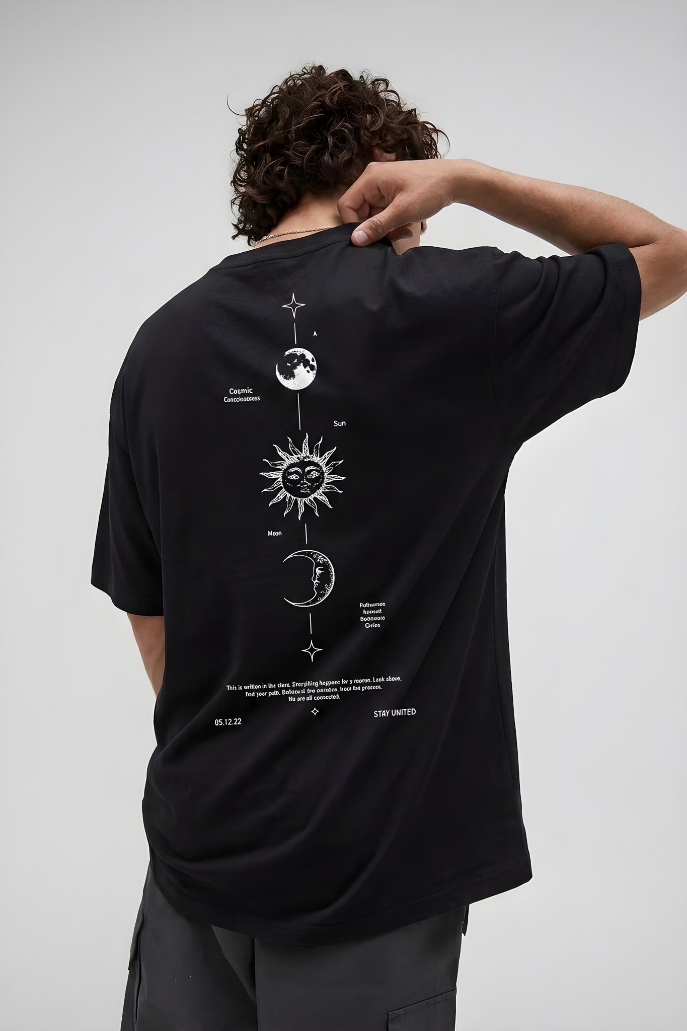 Erkek The Moon Siyah Bisiklet Yaka Oversize Salas T-Shirt