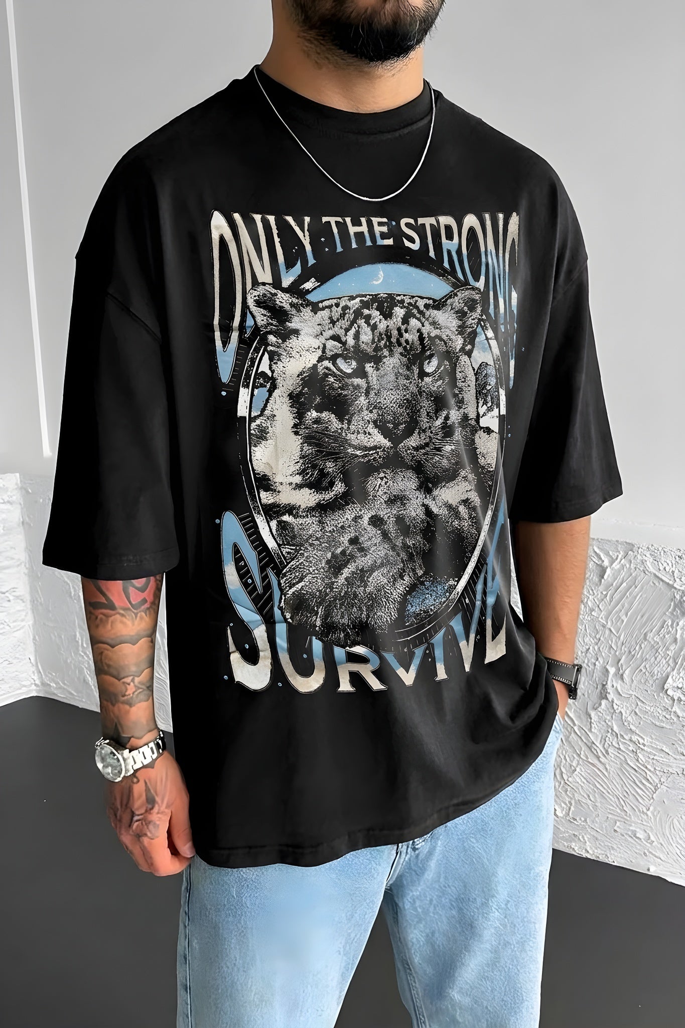 Erkek Siyah Survive Oversize Fit Bol Geniş Kalıp Salaş Kesim T-shirt