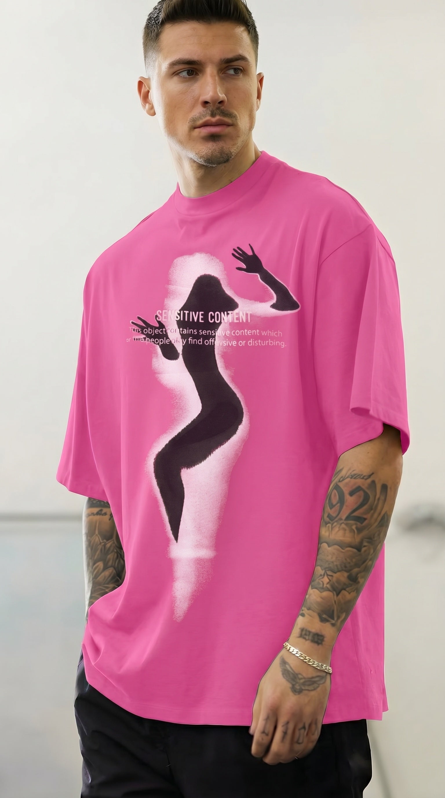 Erkek Fuşya Siluet Sensitive Content Oversize Fit Bol Geniş Kalıp Salaş Kesim T-shirt