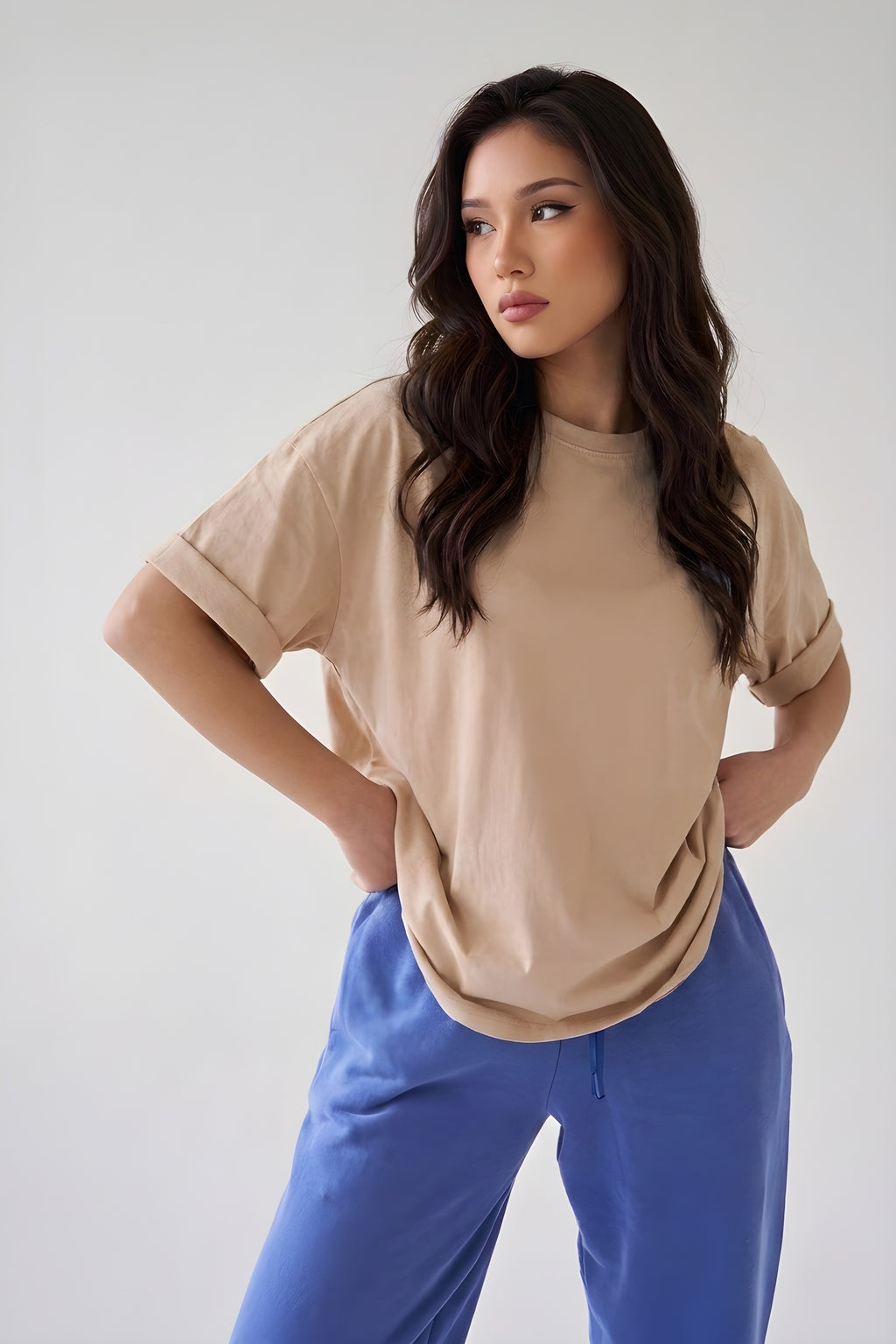 Kadın Camel Basic Düz Baskısız Oversize Salas Boyfriend T-Shirt
