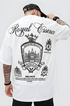 Erkek Ekru Beyaz Royal Essence Oversize Fit Bol Geniş Kalıp Salaş Kesim T-shirt