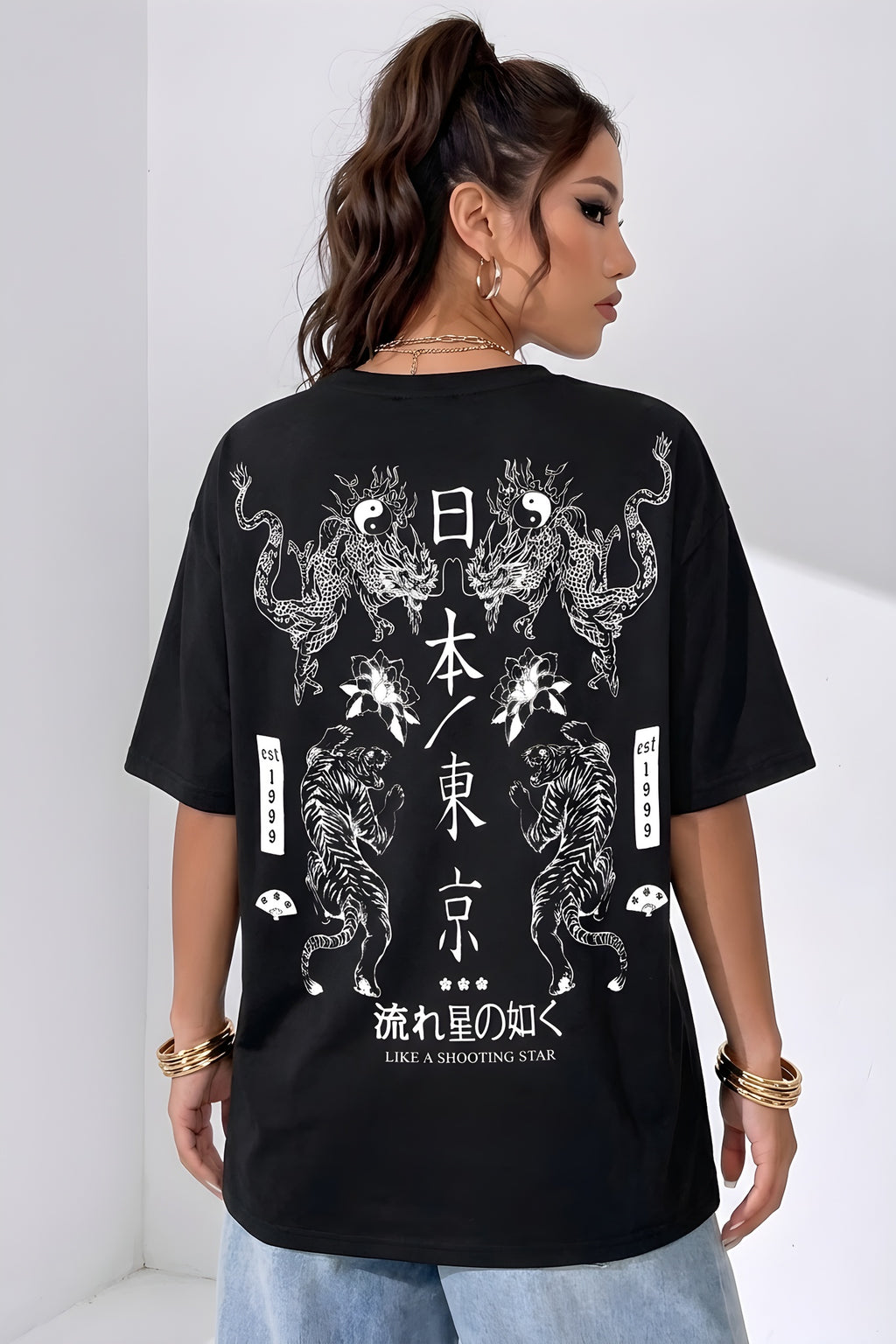 Kadın Dragon Baskılı Siyah Bisiklet Yaka Oversize Salaş T-Shirt