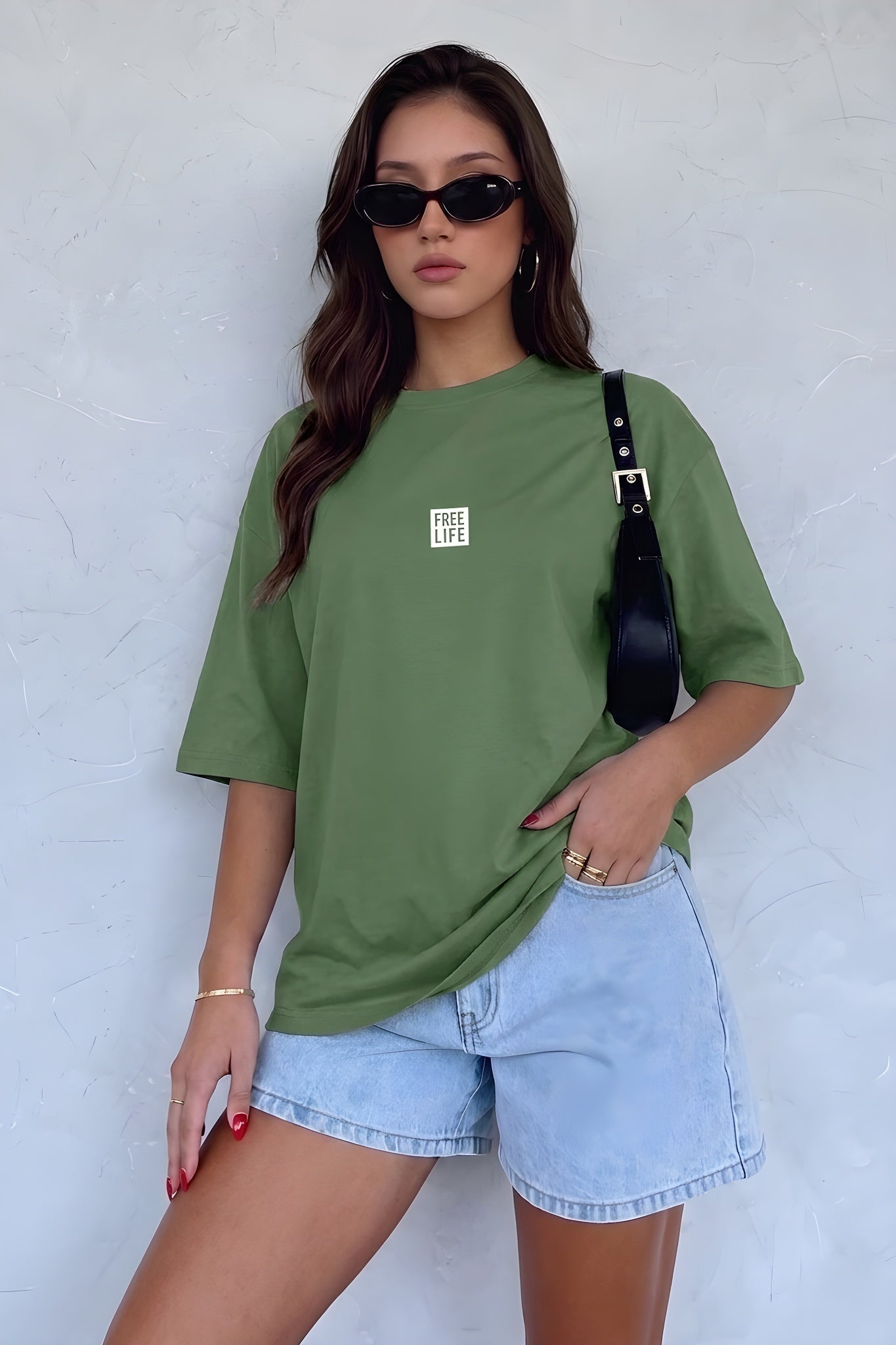 Kadın Free Life Açık Yeşil Bisiklet Yaka Oversize Salas T-Shirt