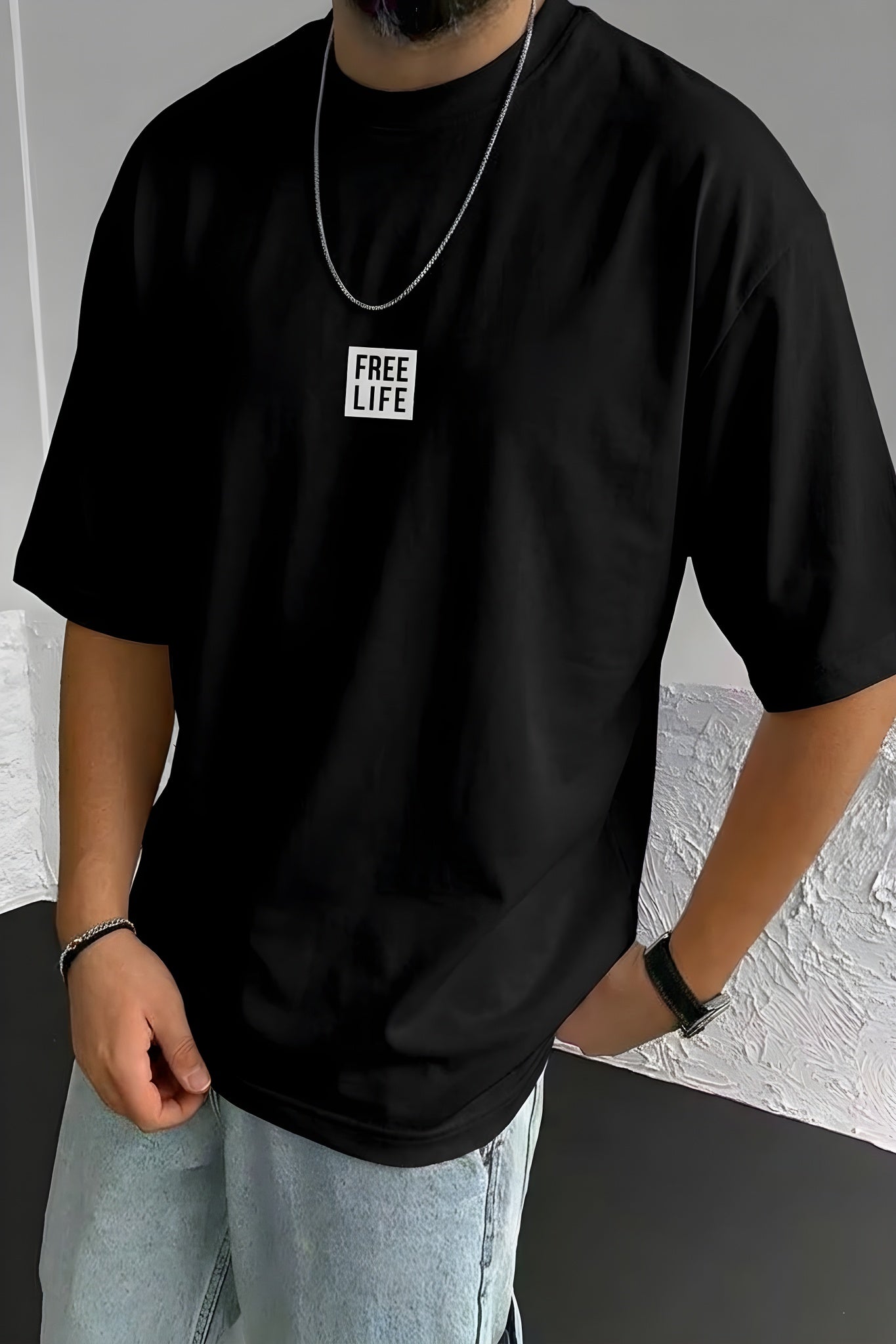 Erkek Free Life Siyah Bisiklet Yaka Oversize Salas T-Shirt