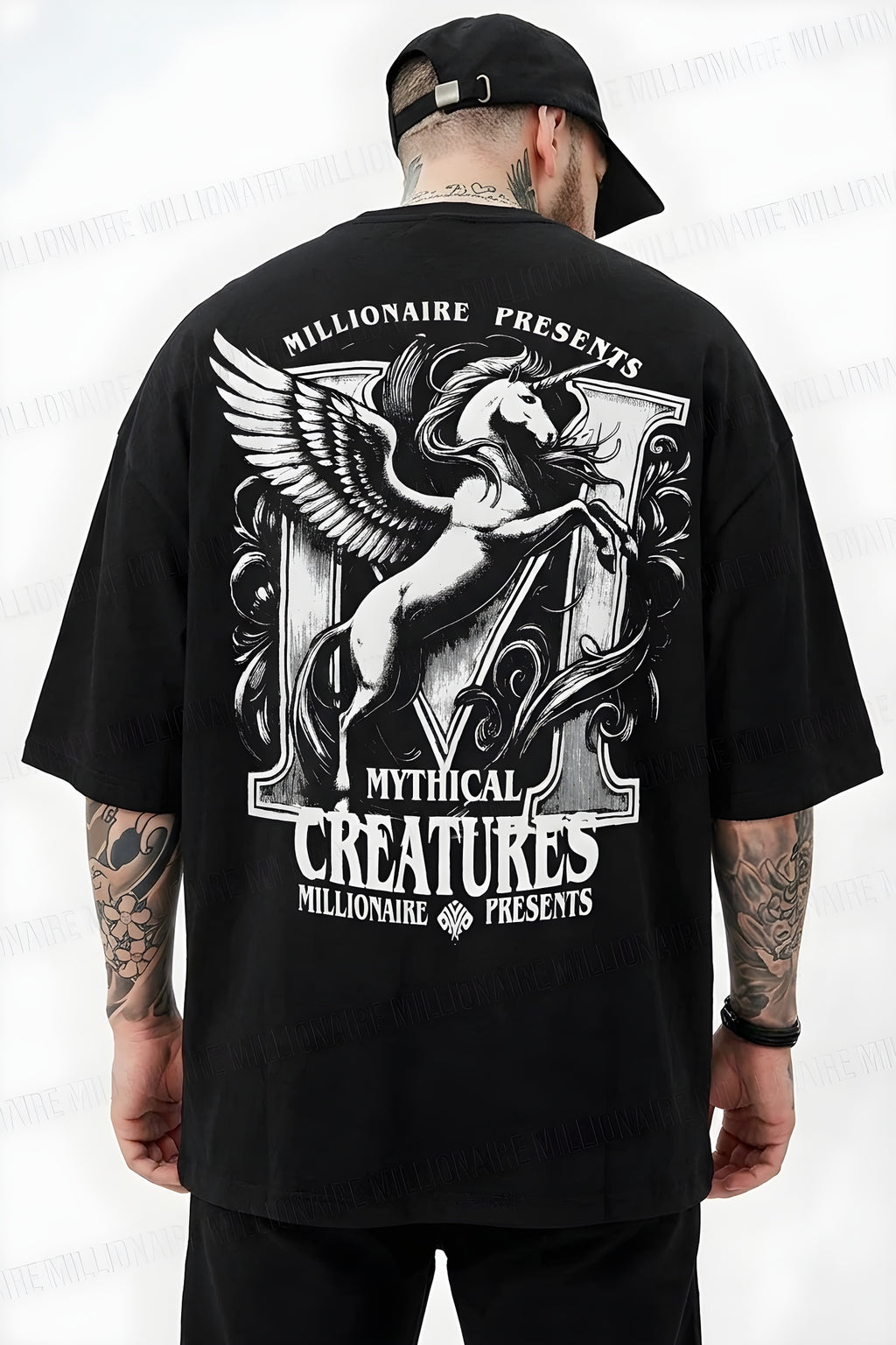Erkek Siyah Creatures Oversize Fit Bol Geniş Kalıp Salaş Kesim T-shirt